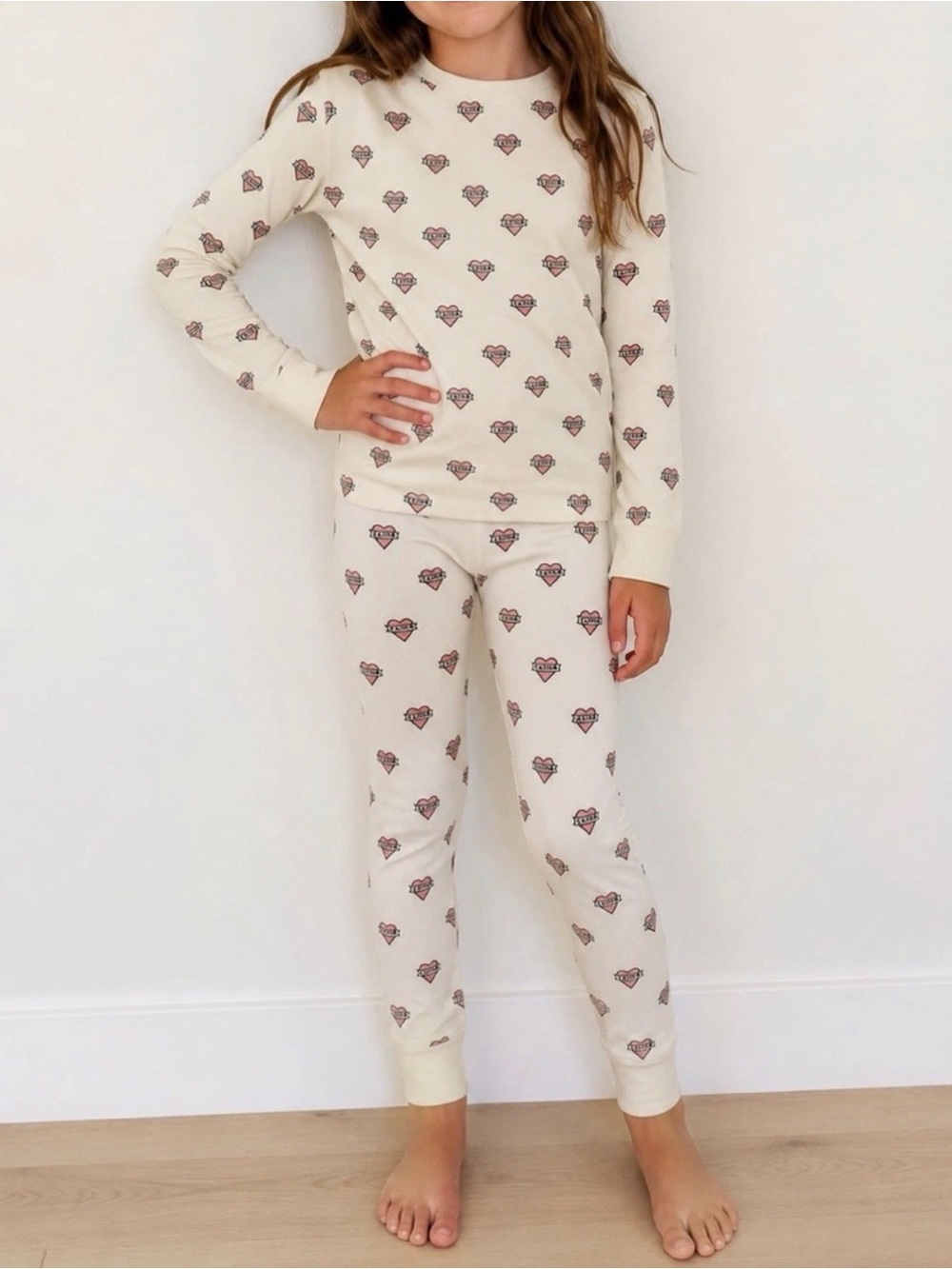 SKIMS Cream Pajama Set with Pink Heart Print